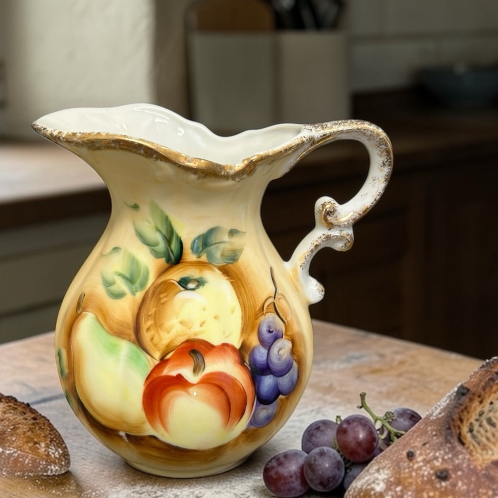 Vintage Mid-Century Japanese Hand Painted Fruit Motif Ceramic Pitcher